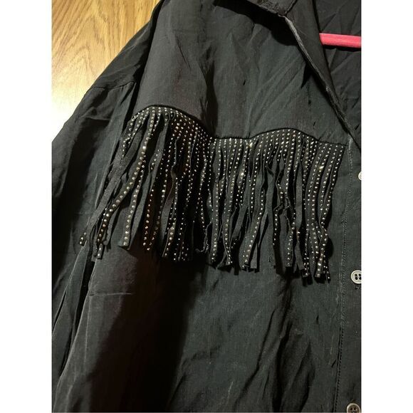 Woman’s Black Button Up Top With Rhinestone Fringe Woman’s Size Large - Picture 5 of 10